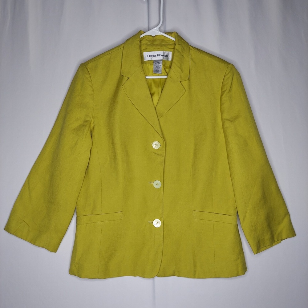 Rena Rowan Jacket Womens 12 Green Linen Blend 3/4 3-Button Collar Pocket